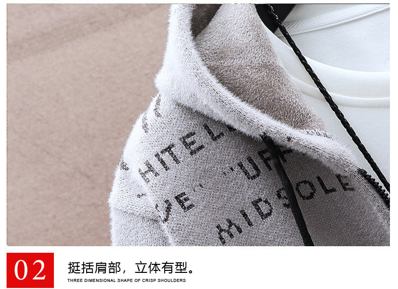 Cardigan sweater men's autumn and winter Korean style handsome trendy outerwear fashion fleece-lined thick sweater hooded coat men