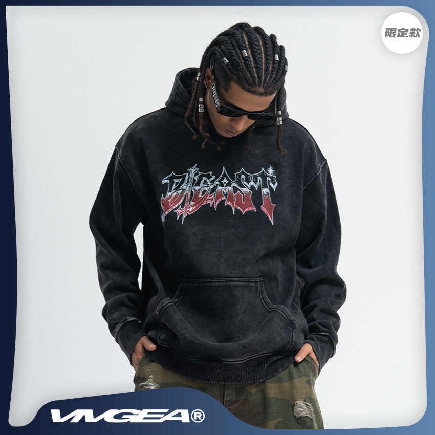 Vivgia American Style Trendy Brand Heavy Cotton Printed Washed Old Sweatshirt Hooded fleece-lined Autumn Winter Men's and Women's Coat