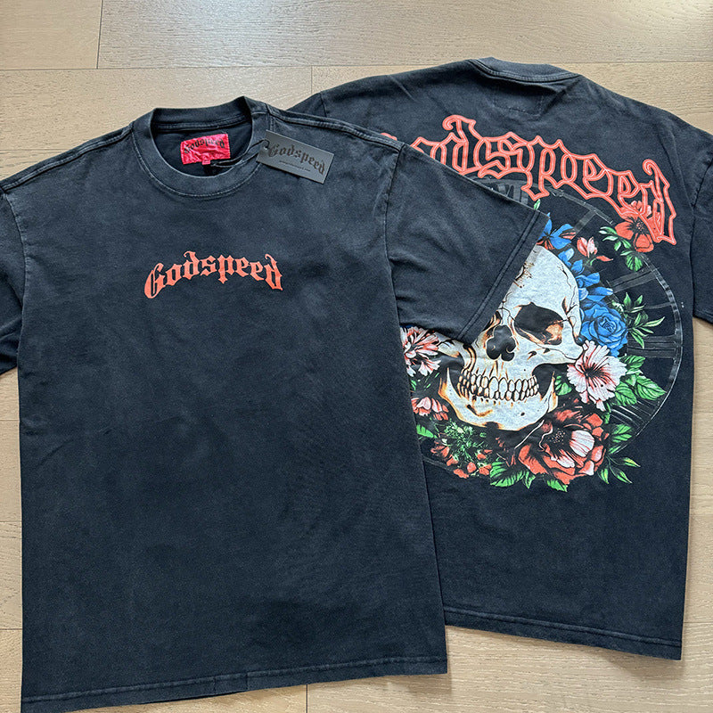 Summer New American Fashion Skull Rock Band Crewneck plus size Loose Short Sleeve T-shirt Couples Wholesale
