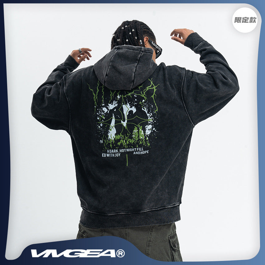 VIVGAE New Autumn and Winter American Vintage Washed Hooded Sweatshirt Men's and Women's Same Style fleece-lined Round Neck Jacket Loose