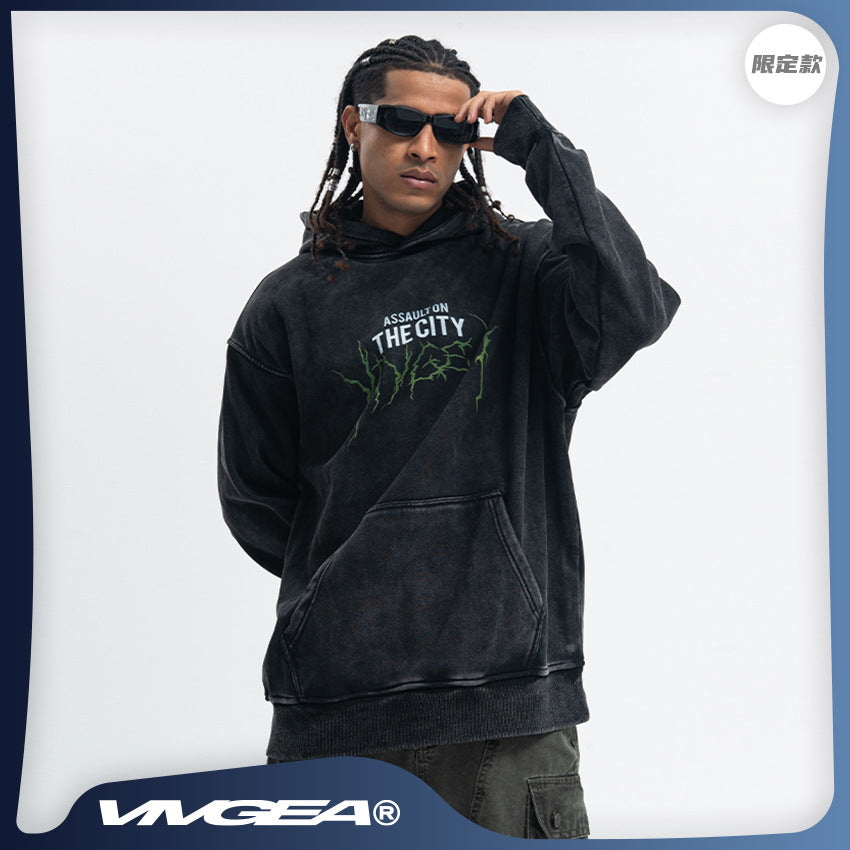 VIVGAE New Autumn and Winter American Vintage Washed Hooded Sweatshirt Men's and Women's Same Style fleece-lined Round Neck Jacket Loose