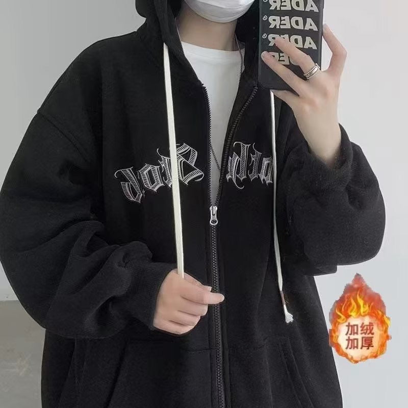 American-Style Zip-Up Hooded Fleece Sweatshirt for Men, Hong Kong Style Loose Casual Jacket, Trendy Ins Autumn Couple Sports Cardigan