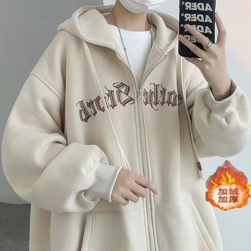 American-Style Zip-Up Hooded Fleece Sweatshirt for Men, Hong Kong Style Loose Casual Jacket, Trendy Ins Autumn Couple Sports Cardigan