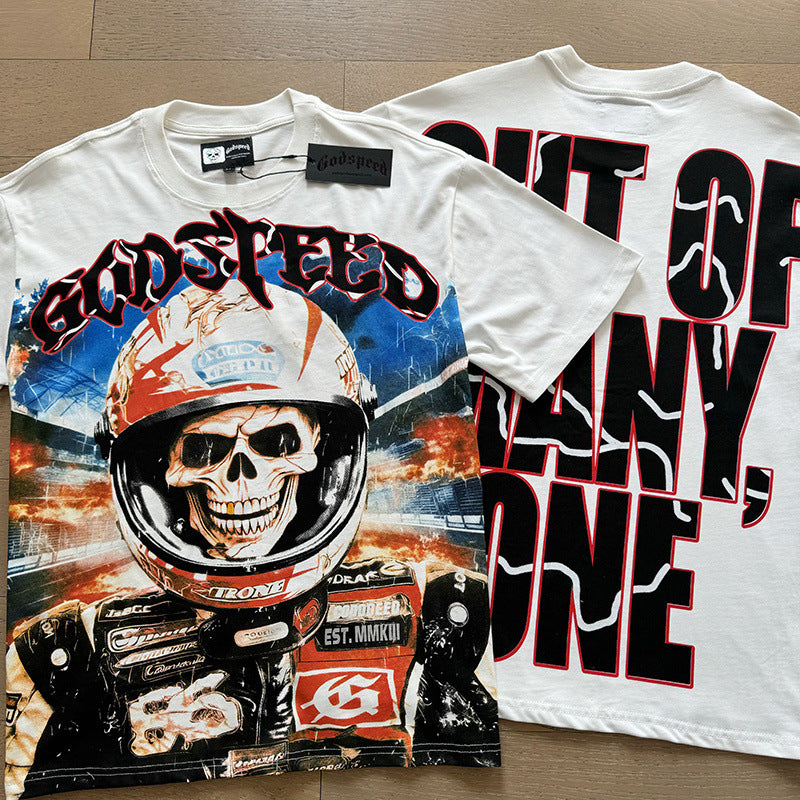 Summer New American Fashion Skull Rock Band Crewneck plus size Loose Short Sleeve T-shirt Couples Wholesale