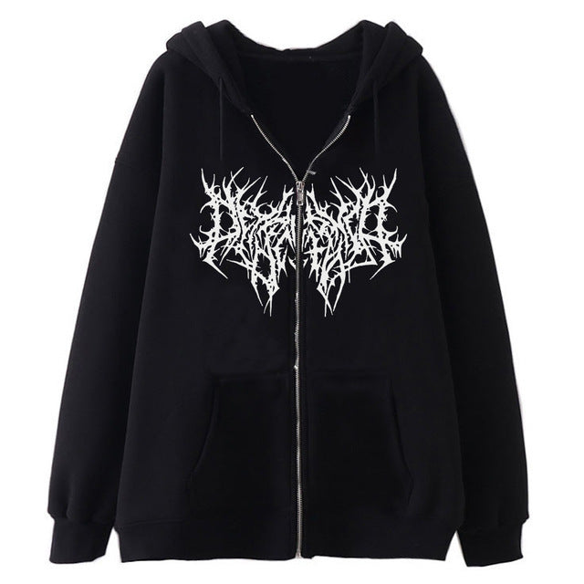 European and American Dark Skull Skeleton Sports Hooded Zipper Cardigan Sweatshirt Gothic Couple Harajuku Metal Jacket Top