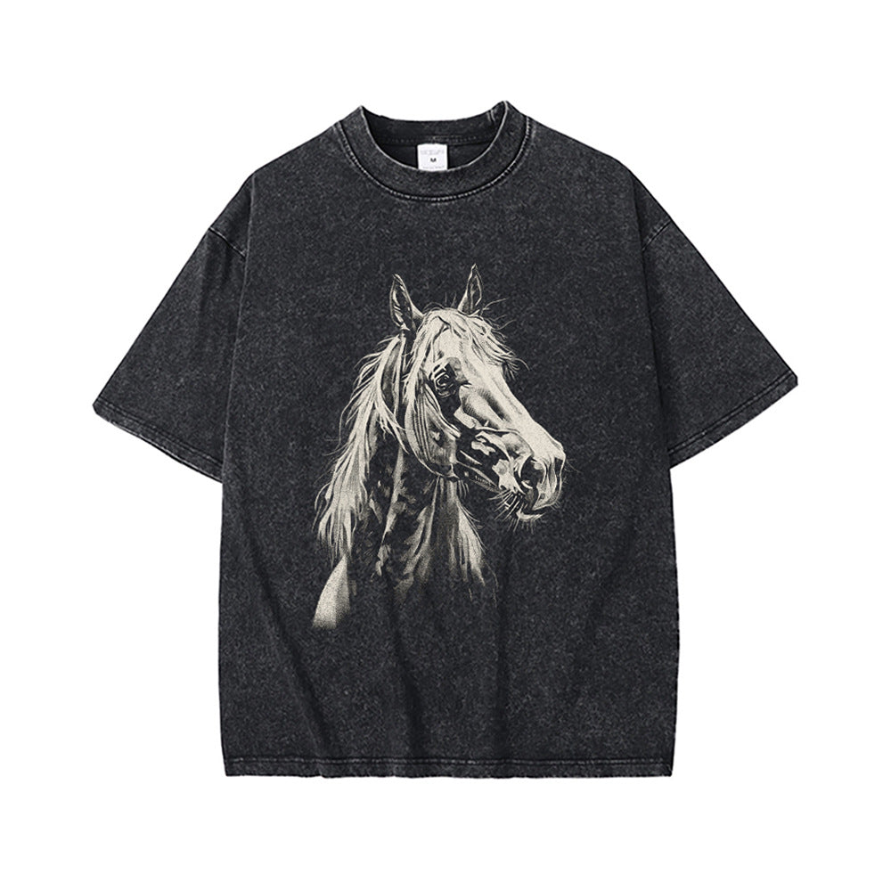 High Street Retro Heavy Distressed Washed White Ink Direct Spray Printing Men's and Women's Ins Retro Hip-Hop Trendy Brand Short-Sleeved T-Shirt