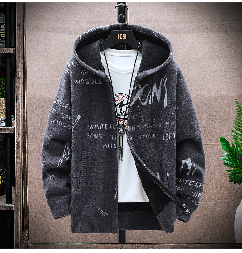 Cardigan sweater men's autumn and winter Korean style handsome trendy outerwear fashion fleece-lined thick sweater hooded coat men