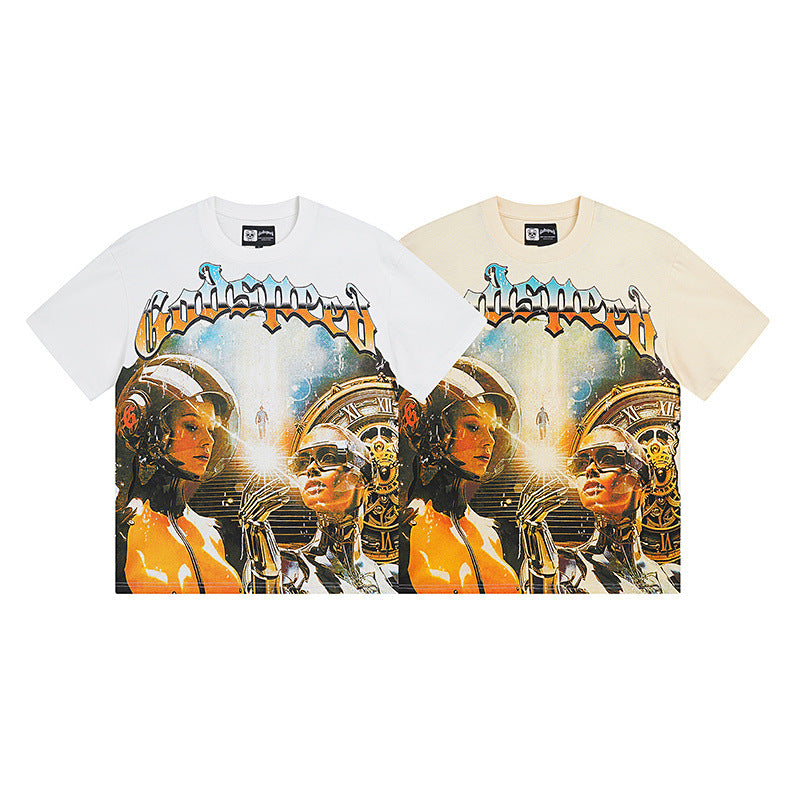 Summer New American Fashion Skull Rock Band Crewneck plus size Loose Short Sleeve T-shirt Couples Wholesale