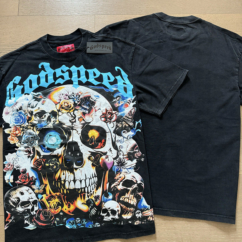 Summer New American Fashion Skull Rock Band Crewneck plus size Loose Short Sleeve T-shirt Couples Wholesale