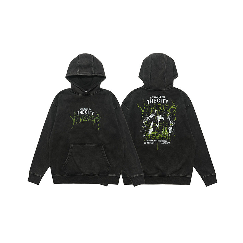 VIVGAE New Autumn and Winter American Vintage Washed Hooded Sweatshirt Men's and Women's Same Style fleece-lined Round Neck Jacket Loose