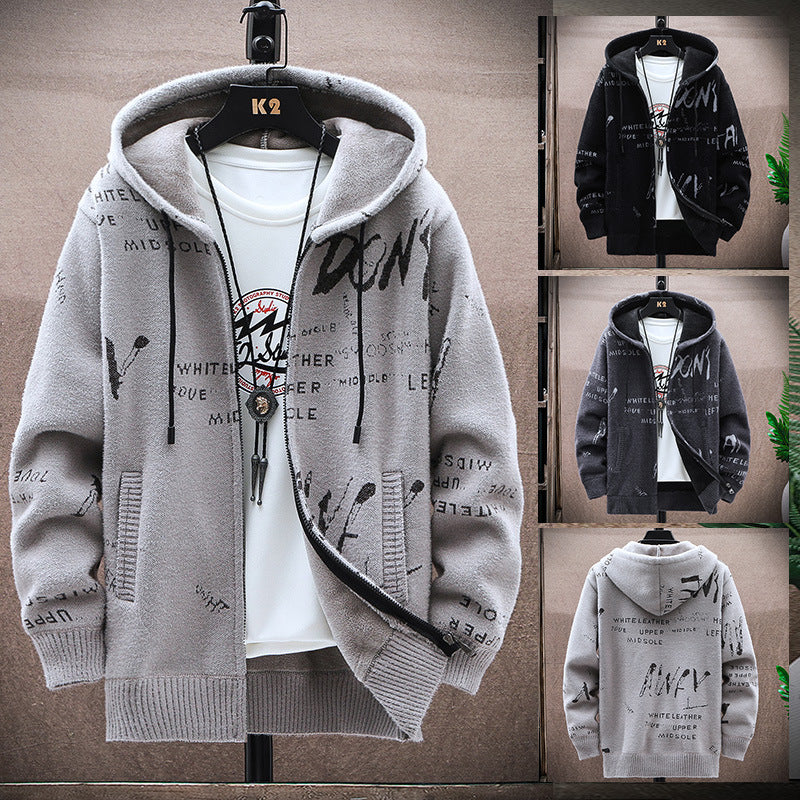 Cardigan sweater men's autumn and winter Korean style handsome trendy outerwear fashion fleece-lined thick sweater hooded coat men