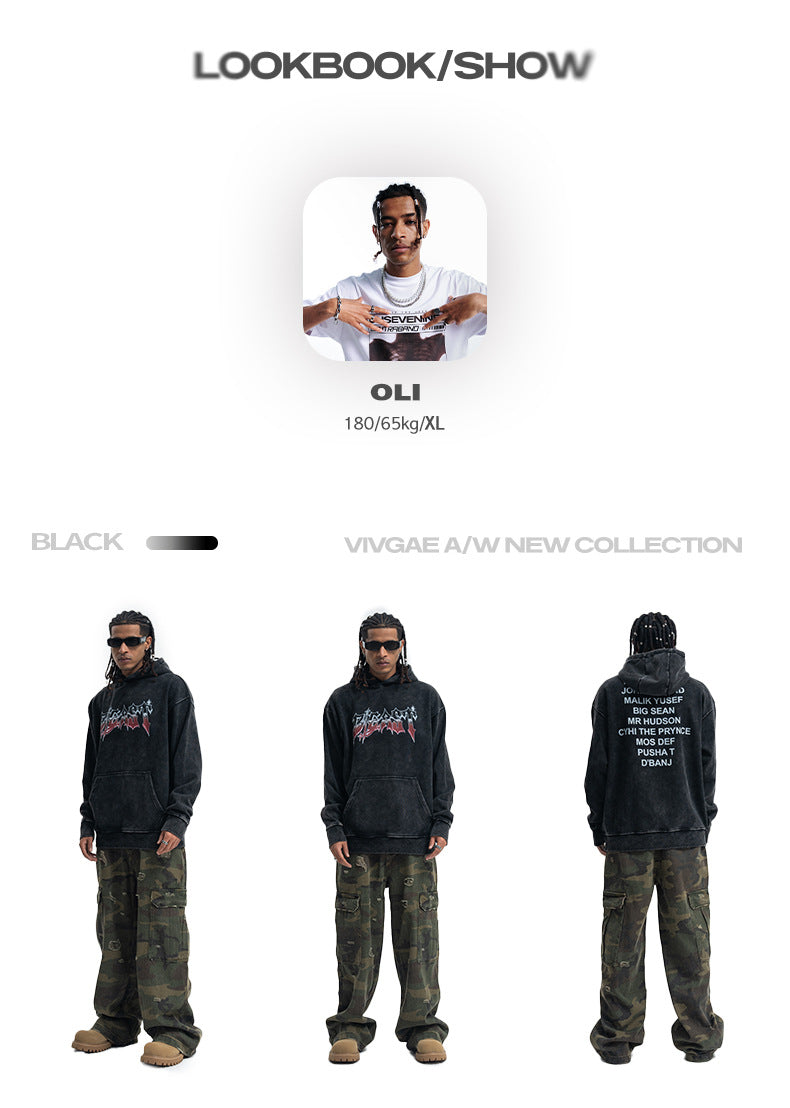 Vivgia American Style Trendy Brand Heavy Cotton Printed Washed Old Sweatshirt Hooded fleece-lined Autumn Winter Men's and Women's Coat