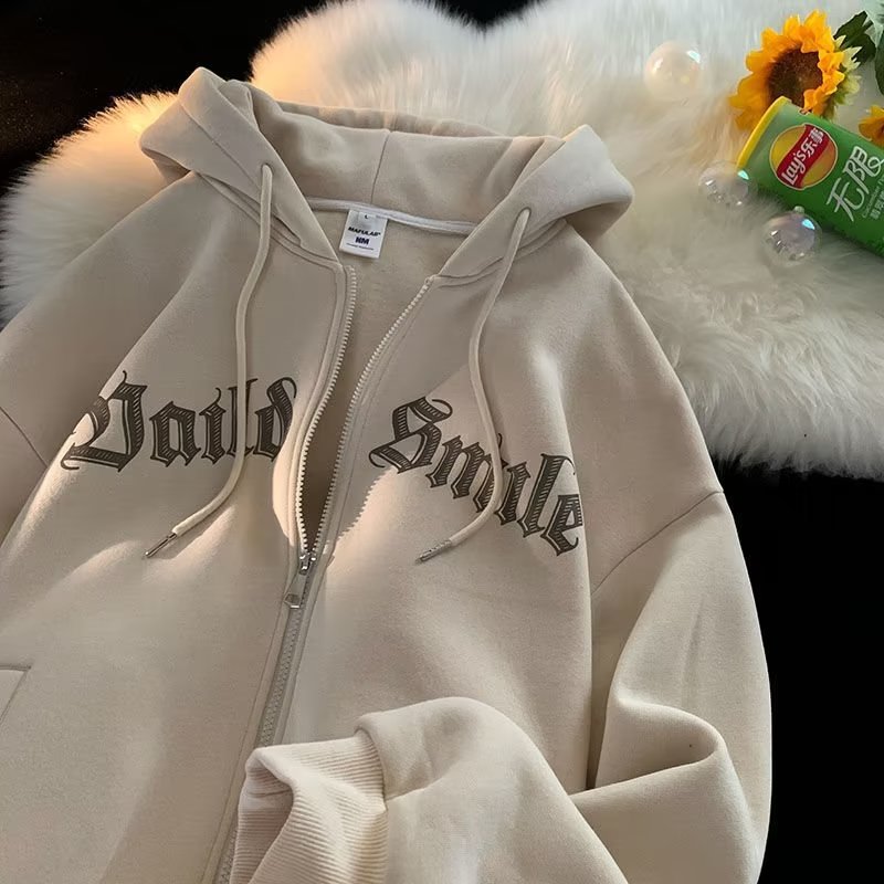 American-Style Zip-Up Hooded Fleece Sweatshirt for Men, Hong Kong Style Loose Casual Jacket, Trendy Ins Autumn Couple Sports Cardigan