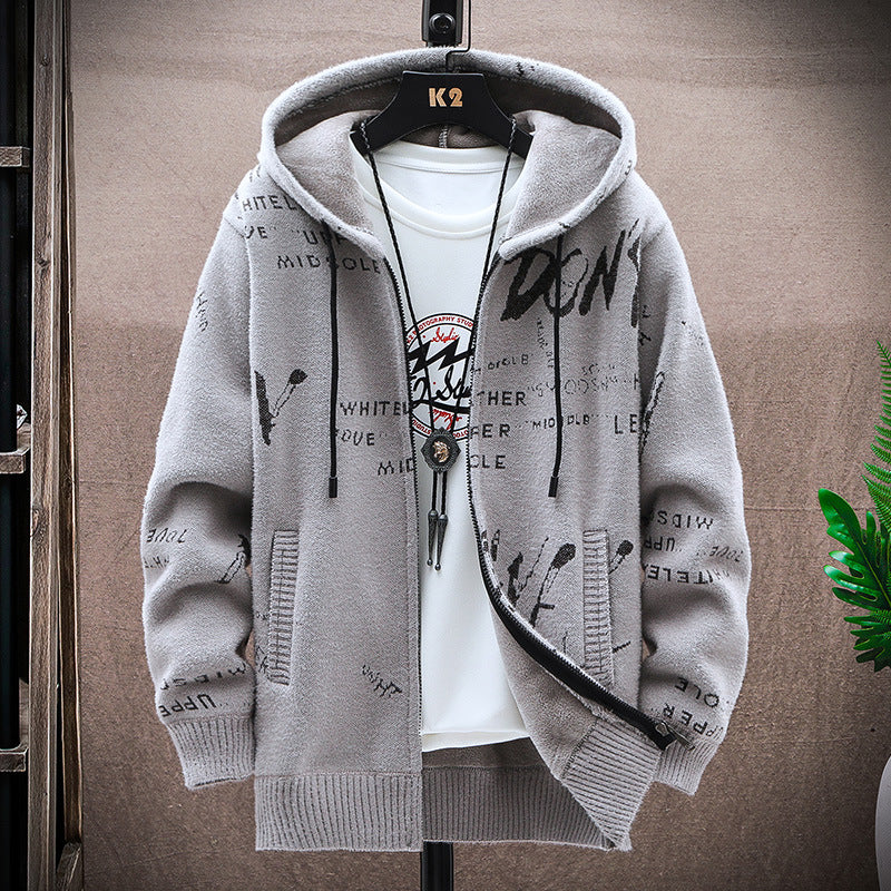 Cardigan sweater men's autumn and winter Korean style handsome trendy outerwear fashion fleece-lined thick sweater hooded coat men