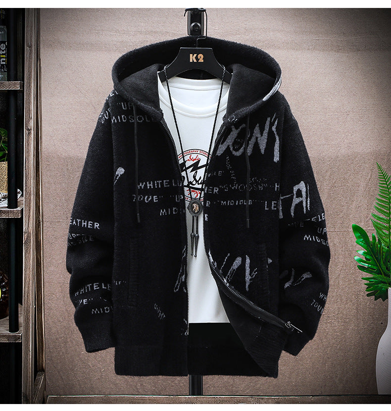 Cardigan sweater men's autumn and winter Korean style handsome trendy outerwear fashion fleece-lined thick sweater hooded coat men