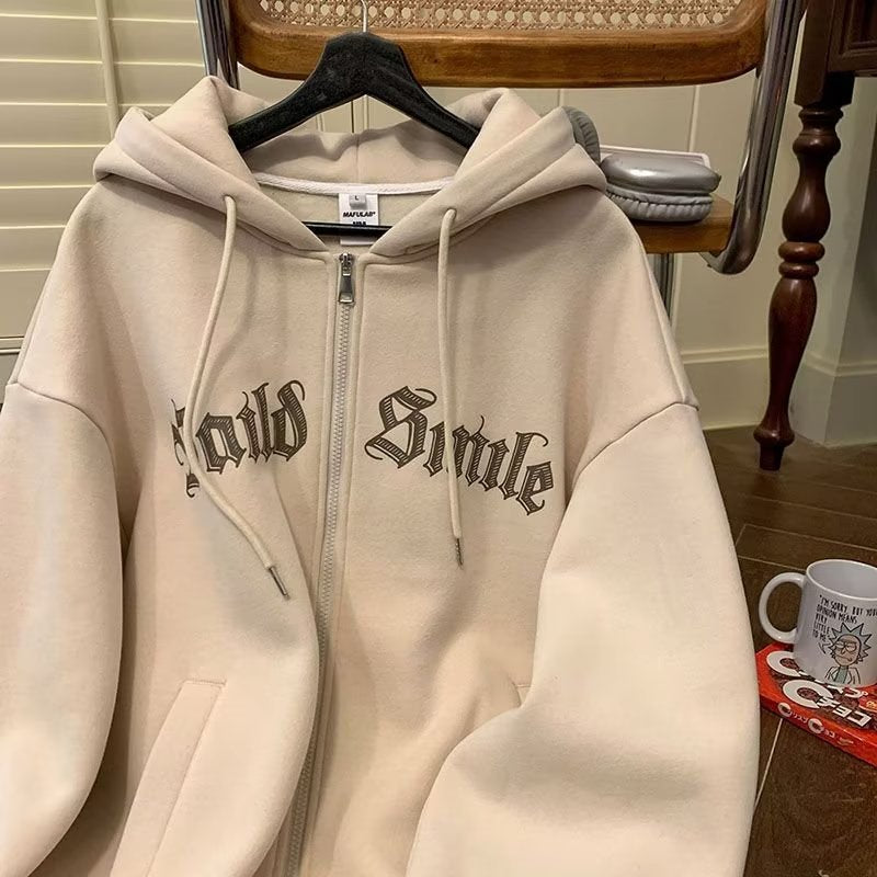 American-Style Zip-Up Hooded Fleece Sweatshirt for Men, Hong Kong Style Loose Casual Jacket, Trendy Ins Autumn Couple Sports Cardigan