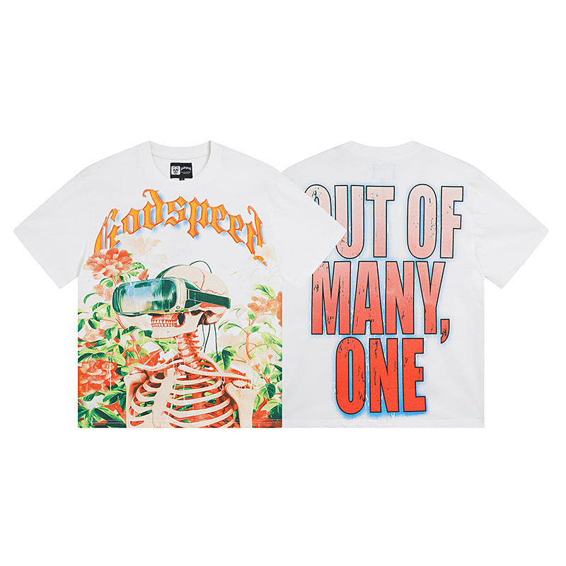 Summer New American Fashion Skull Rock Band Crewneck plus size Loose Short Sleeve T-shirt Couples Wholesale
