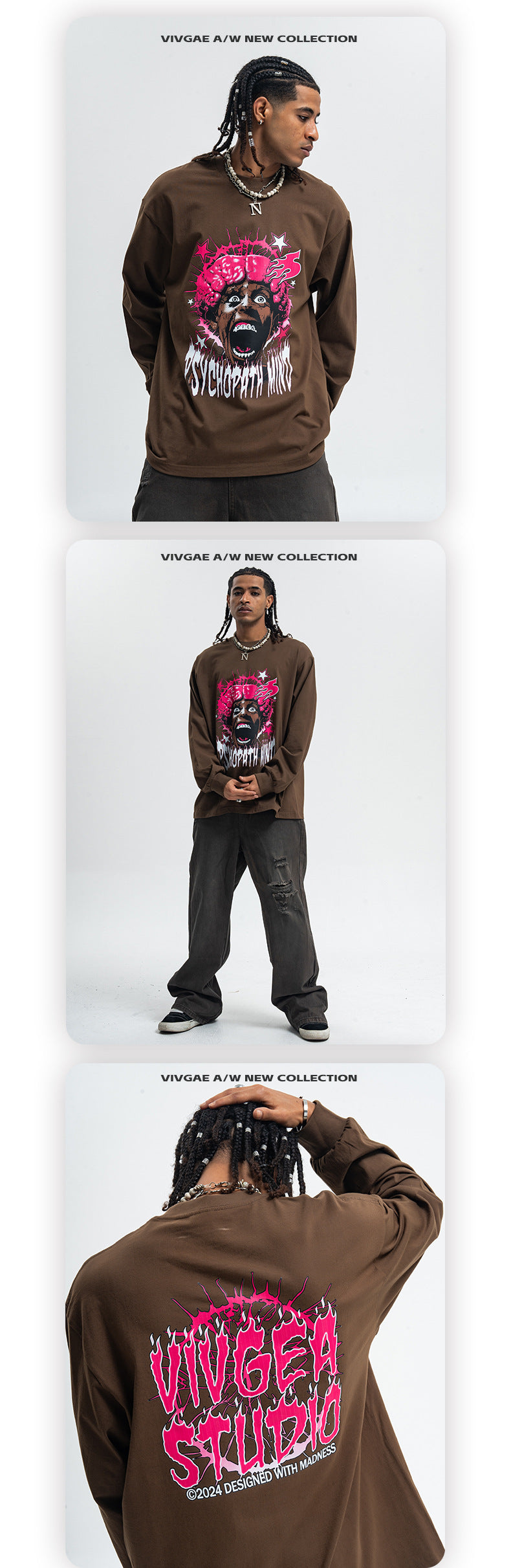 Vivgae American Street Retro Abstract Figure Pure Cotton Long Sleeve T-shirt Men's and Women's Fashion Brand Loose All-match Autumn and Winter Fashion