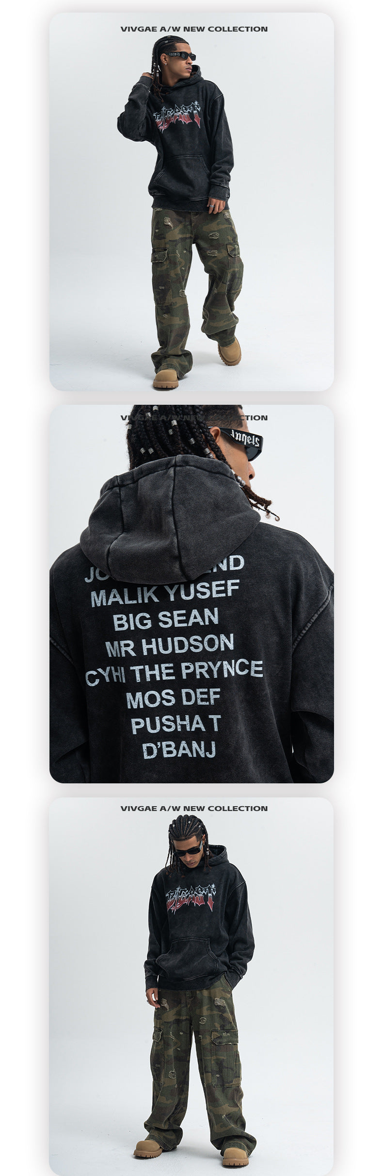Vivgia American Style Trendy Brand Heavy Cotton Printed Washed Old Sweatshirt Hooded fleece-lined Autumn Winter Men's and Women's Coat