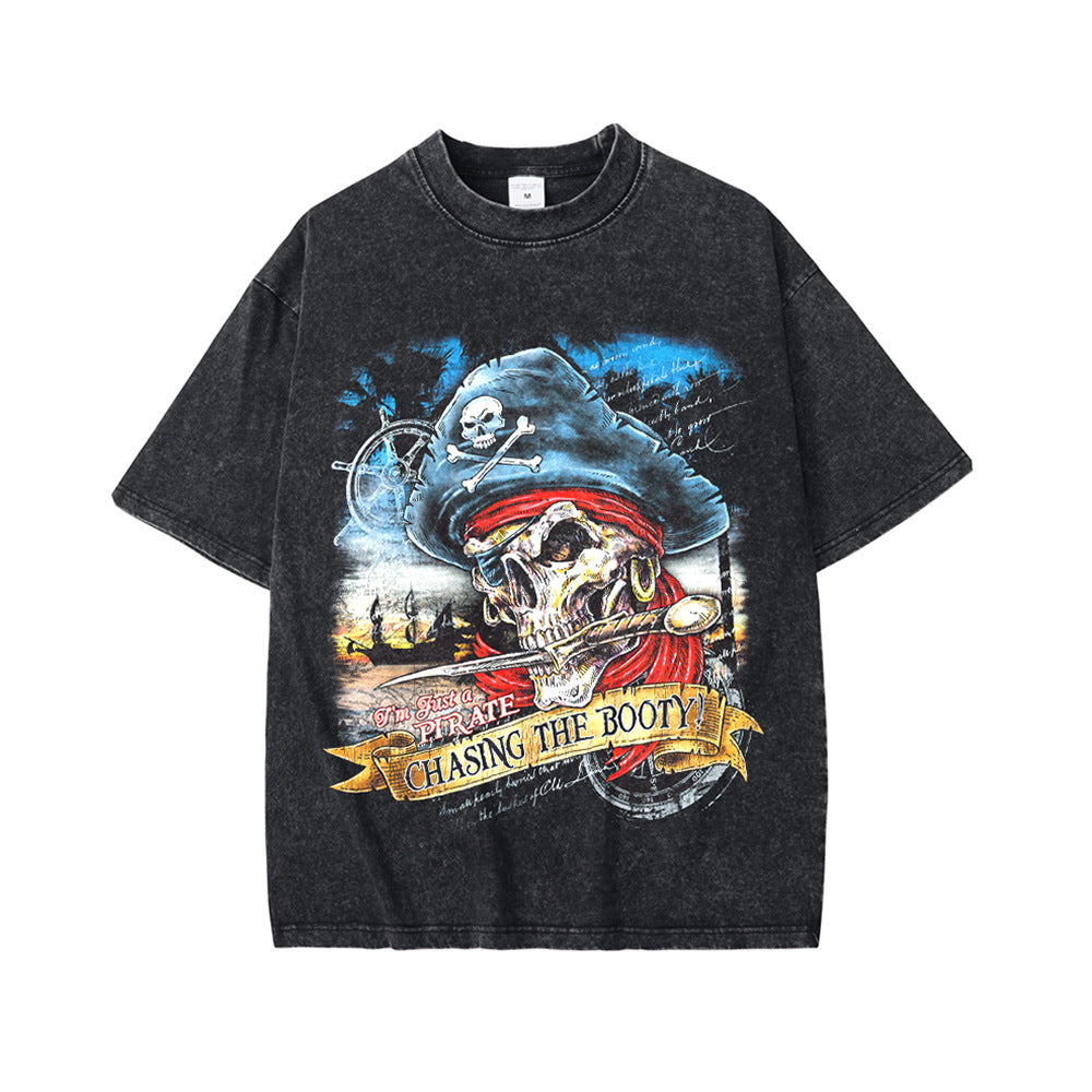 High Street Retro Heavy Distressed Washed White Ink Direct Spray Printing Men's and Women's Ins Retro Hip-Hop Trendy Brand Short-Sleeved T-Shirt