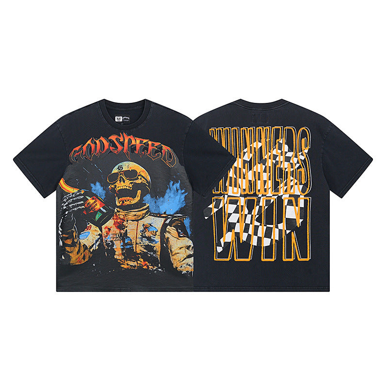 Summer New American Fashion Skull Rock Band Crewneck plus size Loose Short Sleeve T-shirt Couples Wholesale