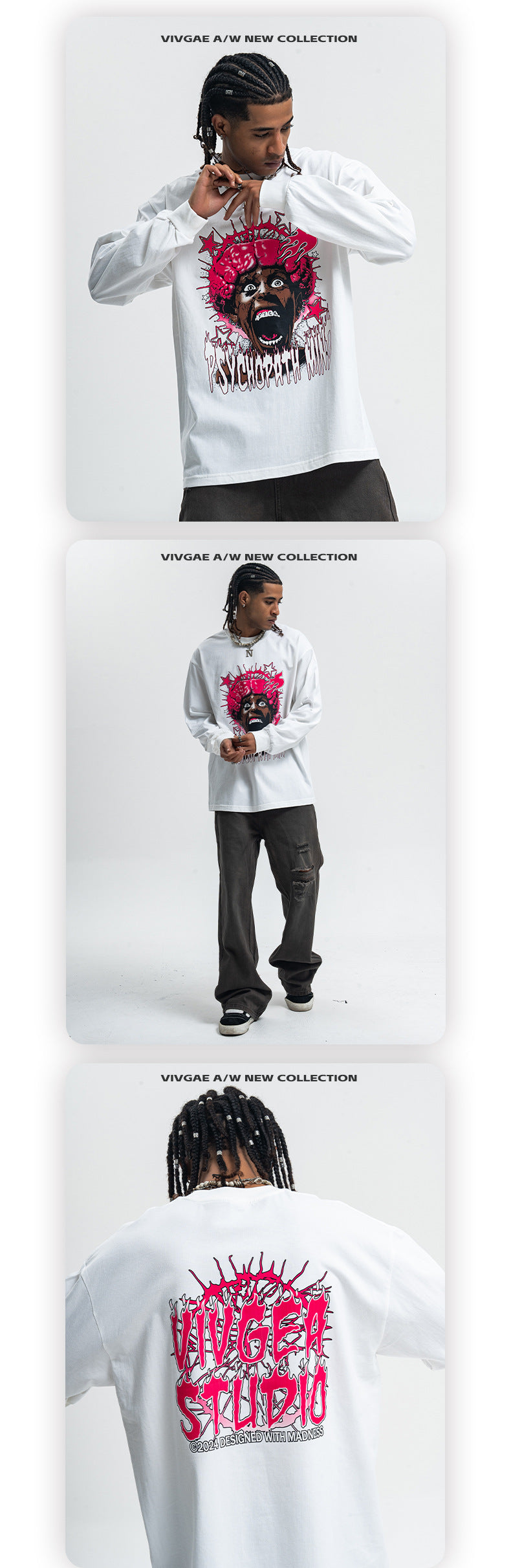 Vivgae American Street Retro Abstract Figure Pure Cotton Long Sleeve T-shirt Men's and Women's Fashion Brand Loose All-match Autumn and Winter Fashion