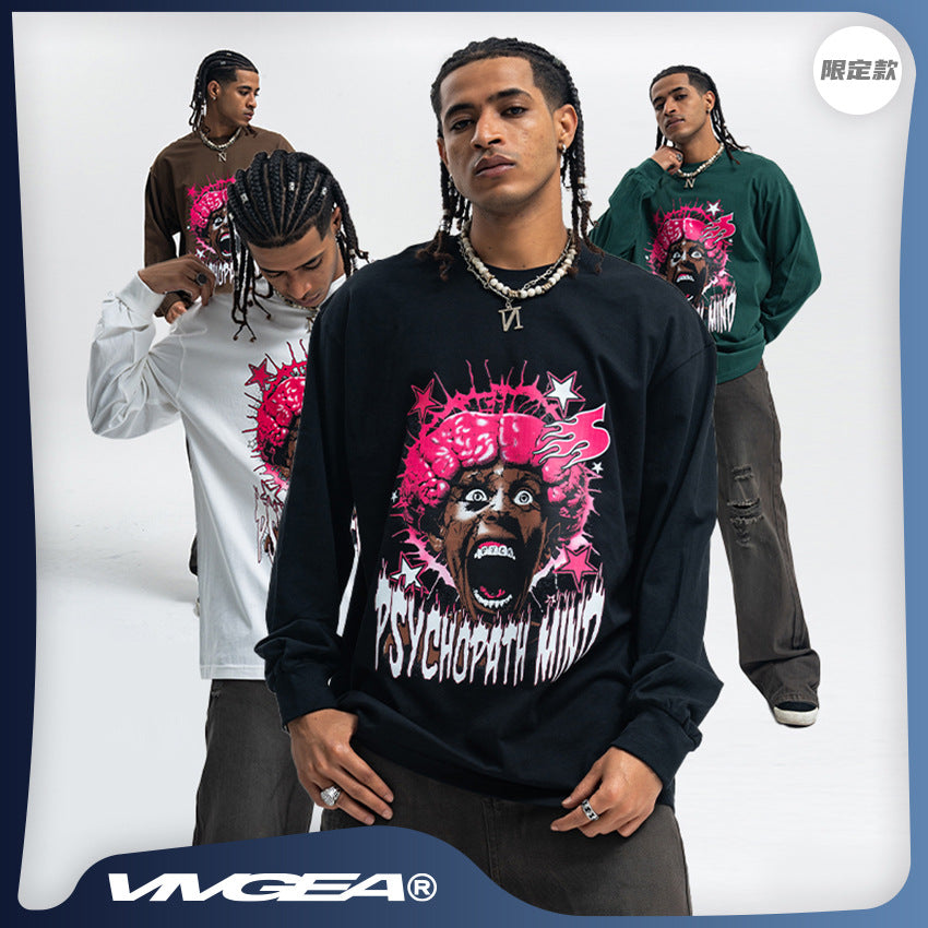 Vivgae American Street Retro Abstract Figure Pure Cotton Long Sleeve T-shirt Men's and Women's Fashion Brand Loose All-match Autumn and Winter Fashion