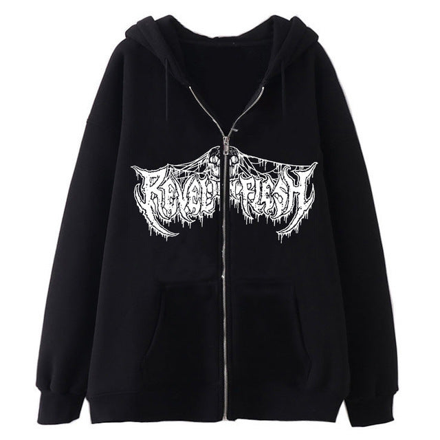 European and American Dark Skull Skeleton Sports Hooded Zipper Cardigan Sweatshirt Gothic Couple Harajuku Metal Jacket Top