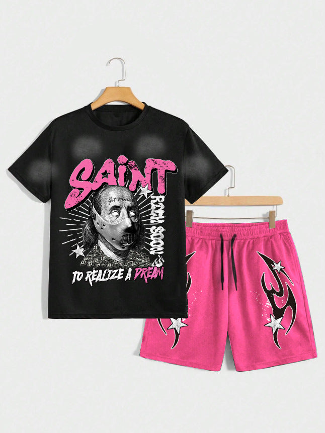 Men's Summer Casual Fashion Short Sleeve T-Shirt and Shorts Set with Letter and Art Figure Print