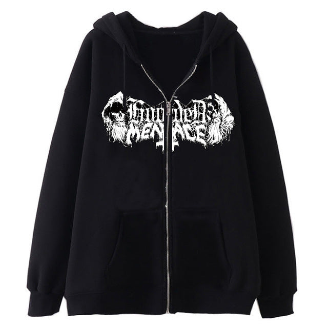 European and American Dark Skull Skeleton Sports Hooded Zipper Cardigan Sweatshirt Gothic Couple Harajuku Metal Jacket Top