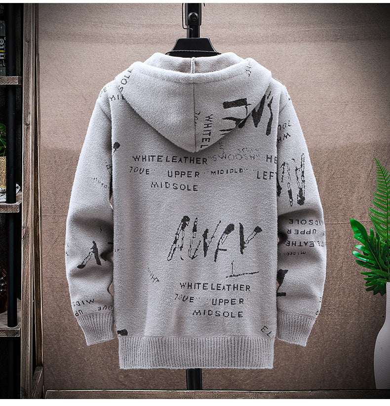 Cardigan sweater men's autumn and winter Korean style handsome trendy outerwear fashion fleece-lined thick sweater hooded coat men
