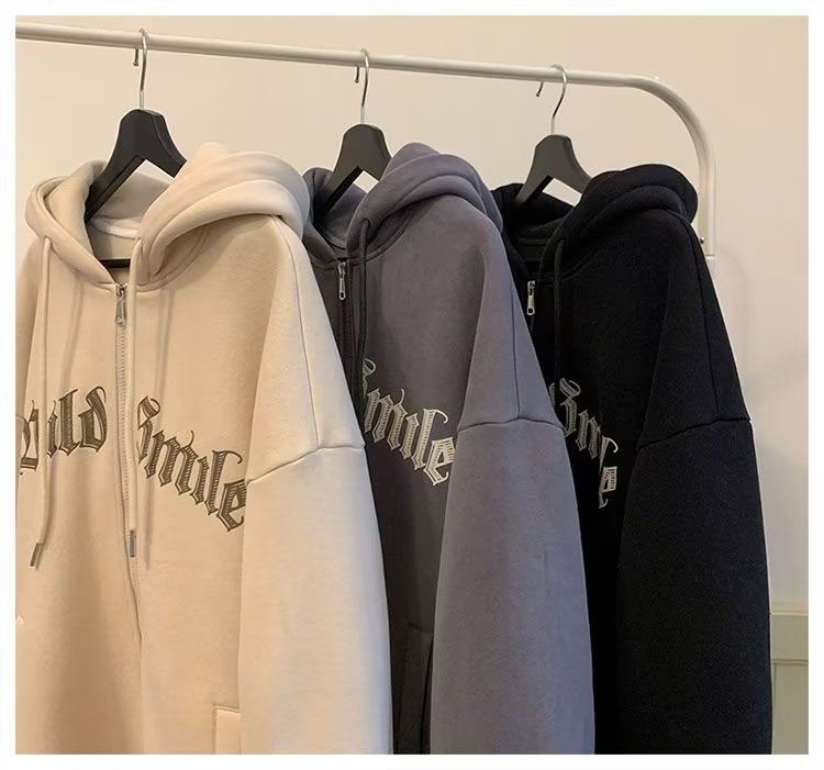 American-Style Zip-Up Hooded Fleece Sweatshirt for Men, Hong Kong Style Loose Casual Jacket, Trendy Ins Autumn Couple Sports Cardigan