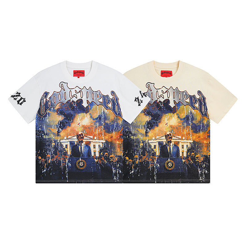 Summer New American Fashion Skull Rock Band Crewneck plus size Loose Short Sleeve T-shirt Couples Wholesale