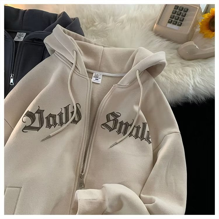 American-Style Zip-Up Hooded Fleece Sweatshirt for Men, Hong Kong Style Loose Casual Jacket, Trendy Ins Autumn Couple Sports Cardigan