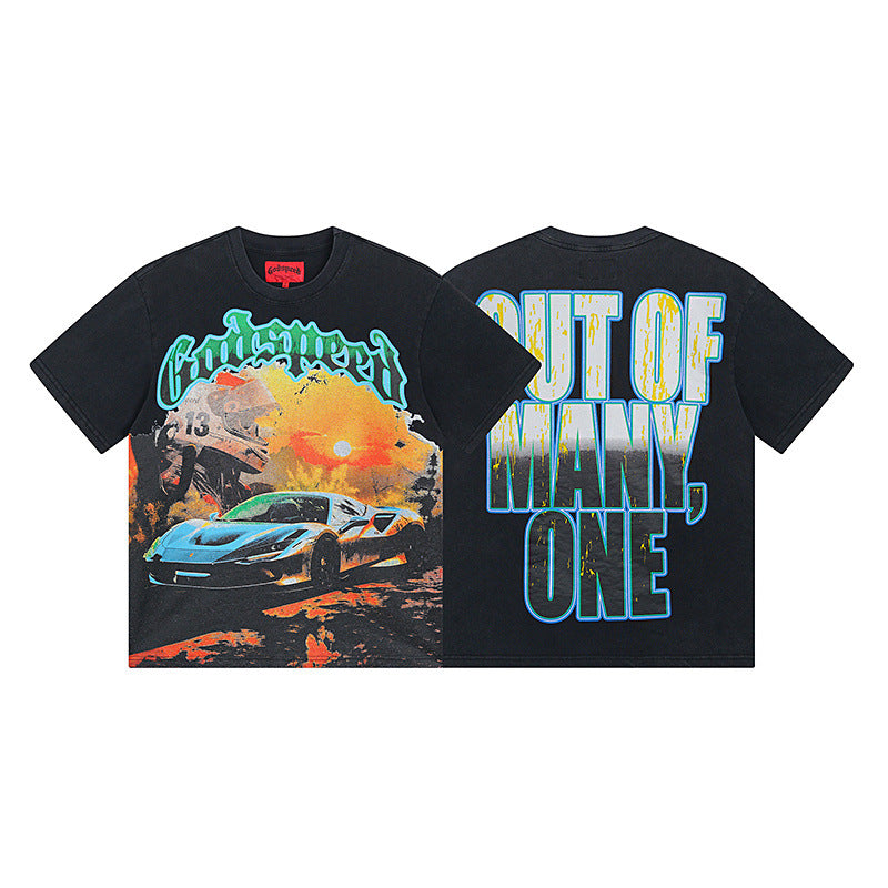 Summer New American Fashion Skull Rock Band Crewneck plus size Loose Short Sleeve T-shirt Couples Wholesale