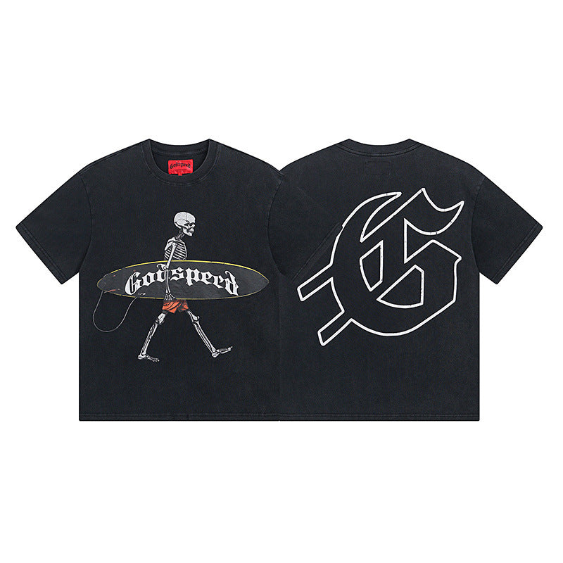 Summer New American Fashion Skull Rock Band Crewneck plus size Loose Short Sleeve T-shirt Couples Wholesale