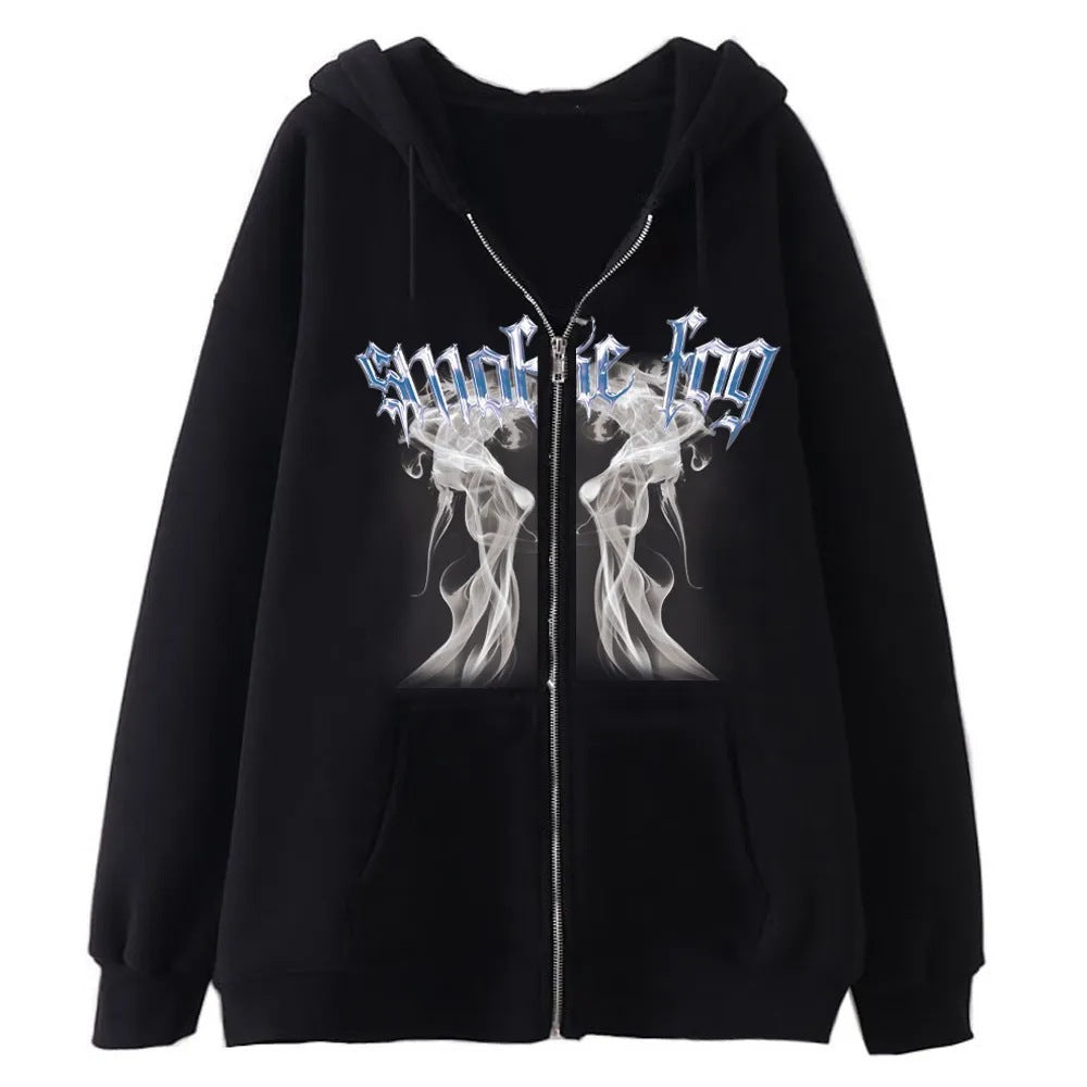 European and American Dark Skull Skeleton Sports Hooded Zipper Cardigan Sweatshirt Gothic Couple Harajuku Metal Jacket Top