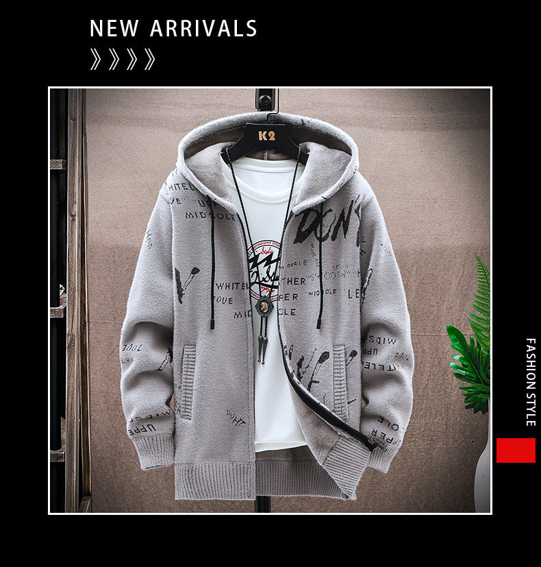 Cardigan sweater men's autumn and winter Korean style handsome trendy outerwear fashion fleece-lined thick sweater hooded coat men