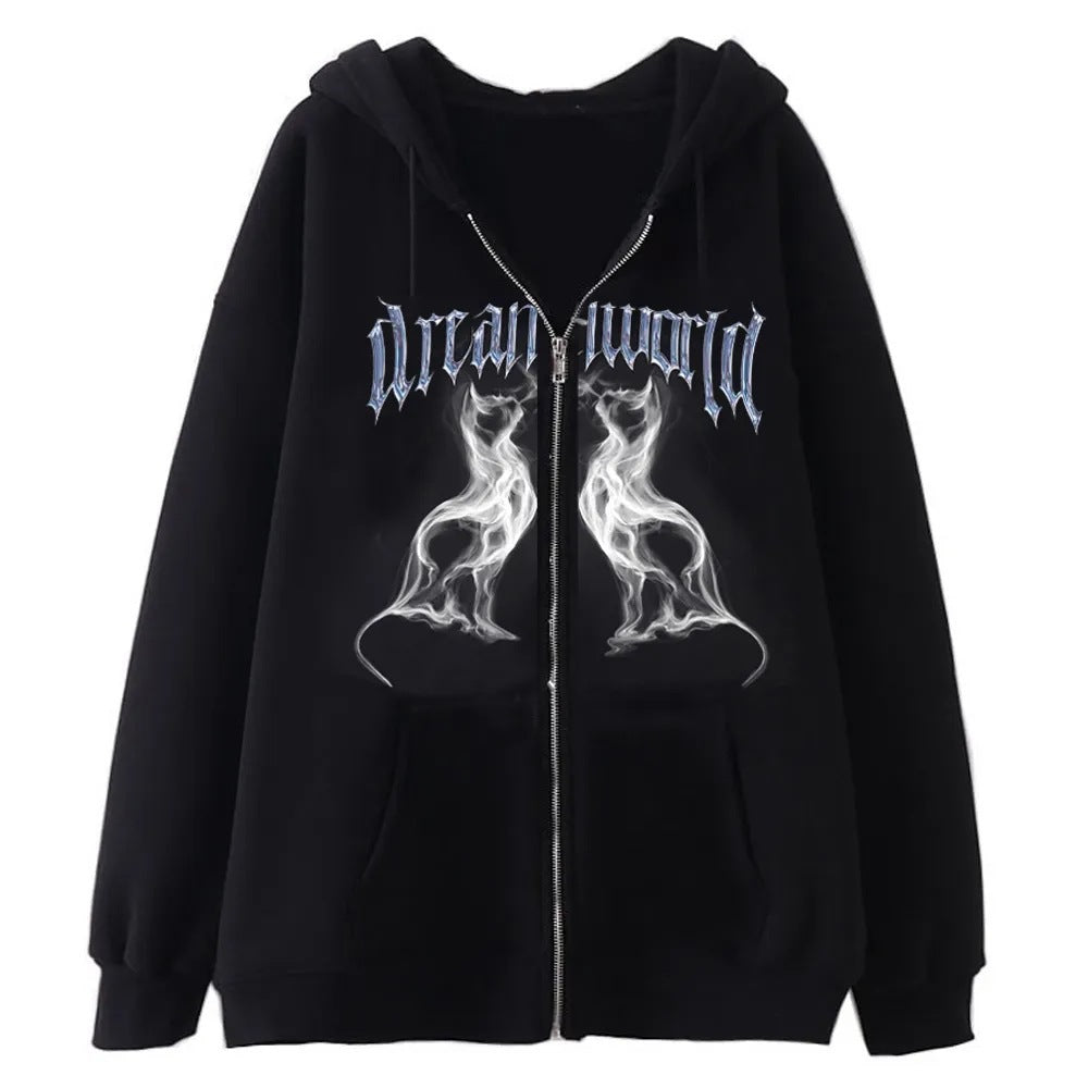 European and American Dark Skull Skeleton Sports Hooded Zipper Cardigan Sweatshirt Gothic Couple Harajuku Metal Jacket Top