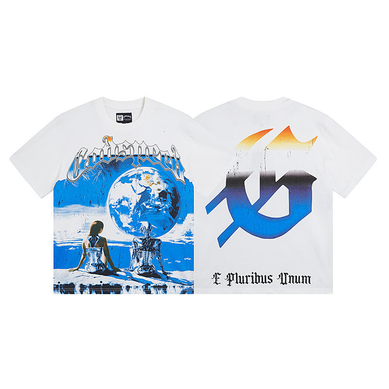 Summer New American Fashion Skull Rock Band Crewneck plus size Loose Short Sleeve T-shirt Couples Wholesale