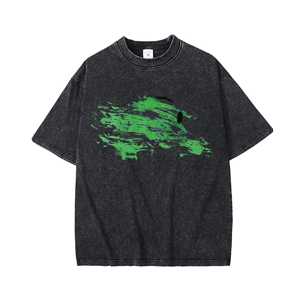 High Street Retro Heavy Distressed Washed White Ink Direct Spray Printing Men's and Women's Ins Retro Hip-Hop Trendy Brand Short-Sleeved T-Shirt