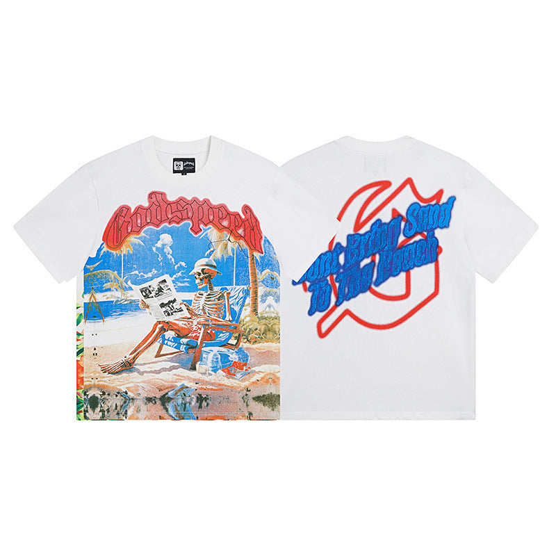 Summer New American Fashion Skull Rock Band Crewneck plus size Loose Short Sleeve T-shirt Couples Wholesale