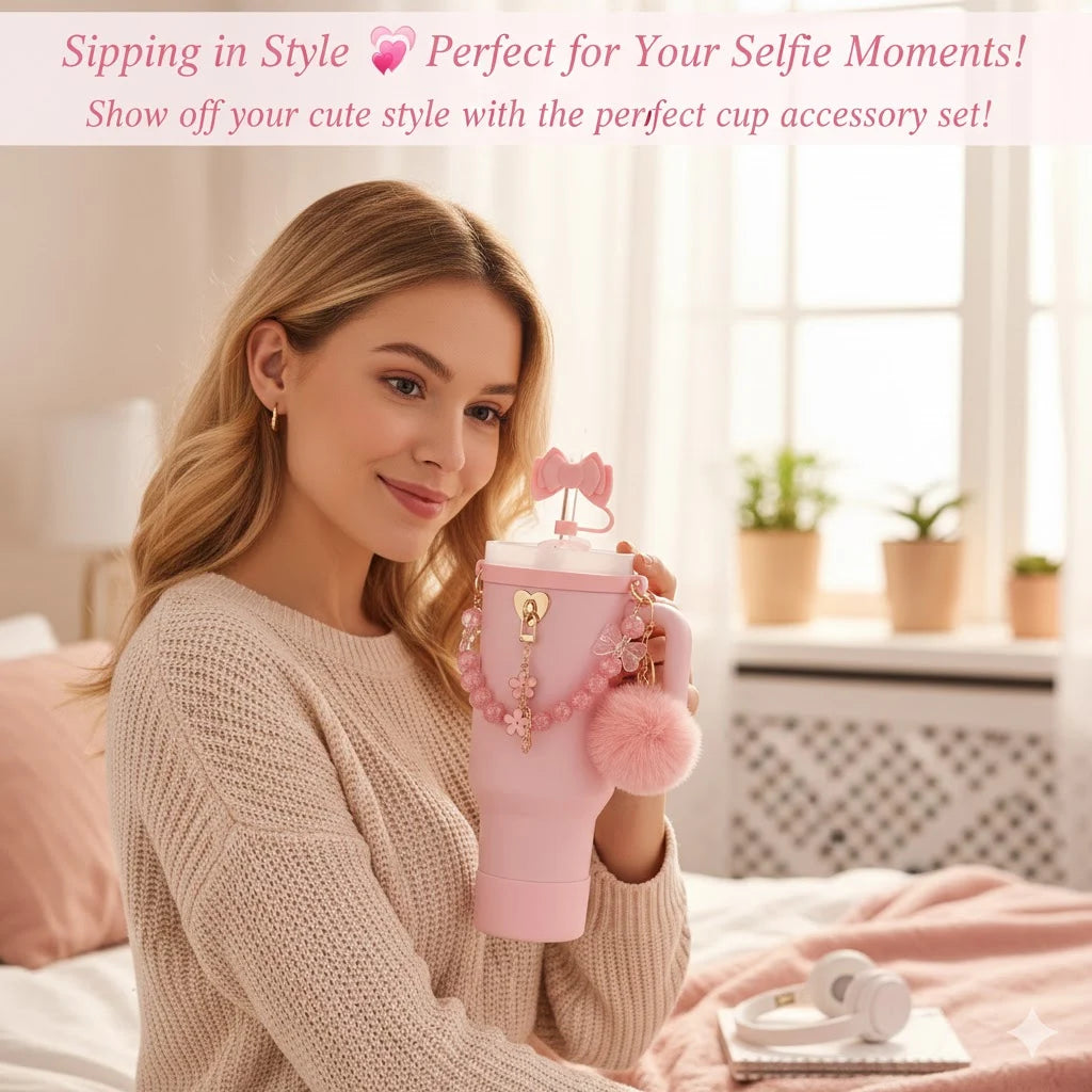 7pcs Cute Cup Accessories Set for Stanley 40oz/30oz Tumbler Pink Bow Straw Cap Topper, Pom-Pom,Kawaii Drinkware Gift for Women