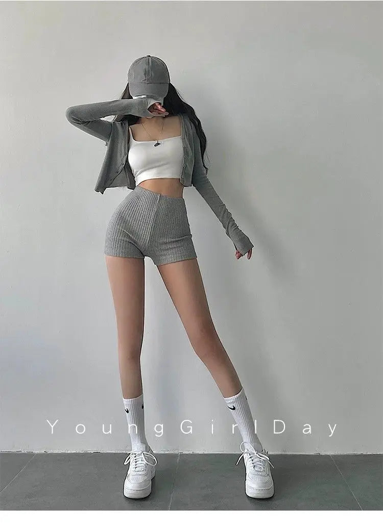 American Style Shorts Women High Waist Sheath Stretch Solid Knitting Hot Trousers Sexy Spice Girls Summer Simple Sporty Casual