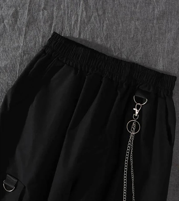 New Men Streetwear Two-piece Suit Splice Chain Long Sleeve+Ribbon Chain Pants Harajuku Cargo Pants 2 Piece Sets Mens Outfits