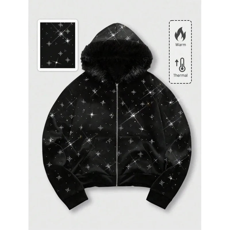 Star Eye Print Hoodie Men's Fleece Lined Sweatshirt Urban Style Comfortable Fit Winter Collection No Brand Registered Trademark