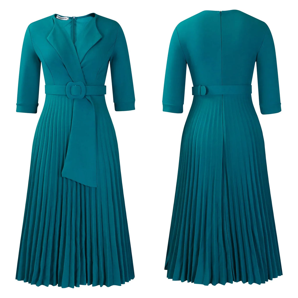 Elegant Office Ladies Dresses 2024 Autumn Fall Notched Collar Half Sleeve Belt Waisted Mid Calf Female Birthday Party Dress Midi
