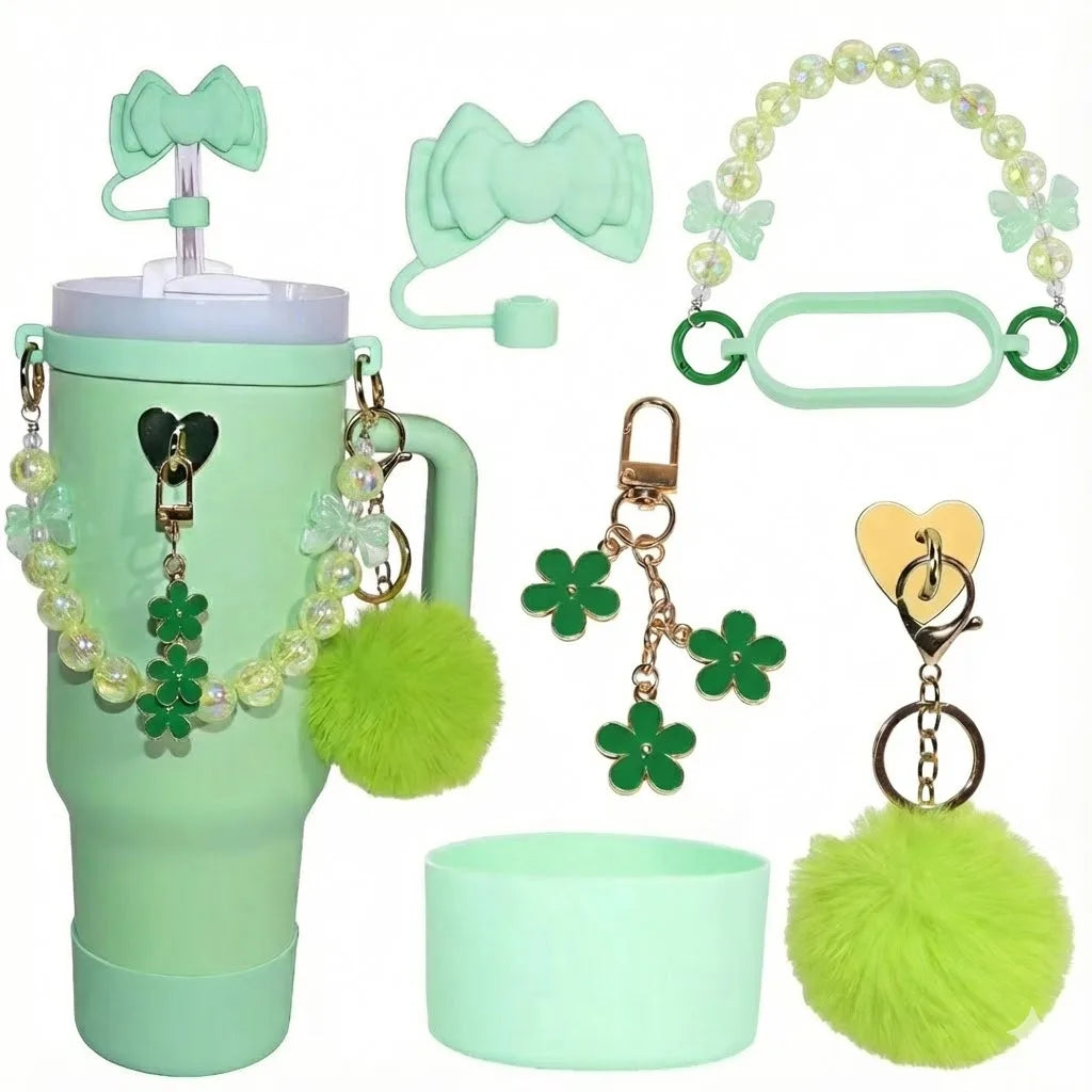 7pcs Cute Cup Accessories Set for Stanley 40oz/30oz Tumbler Pink Bow Straw Cap Topper, Pom-Pom,Kawaii Drinkware Gift for Women