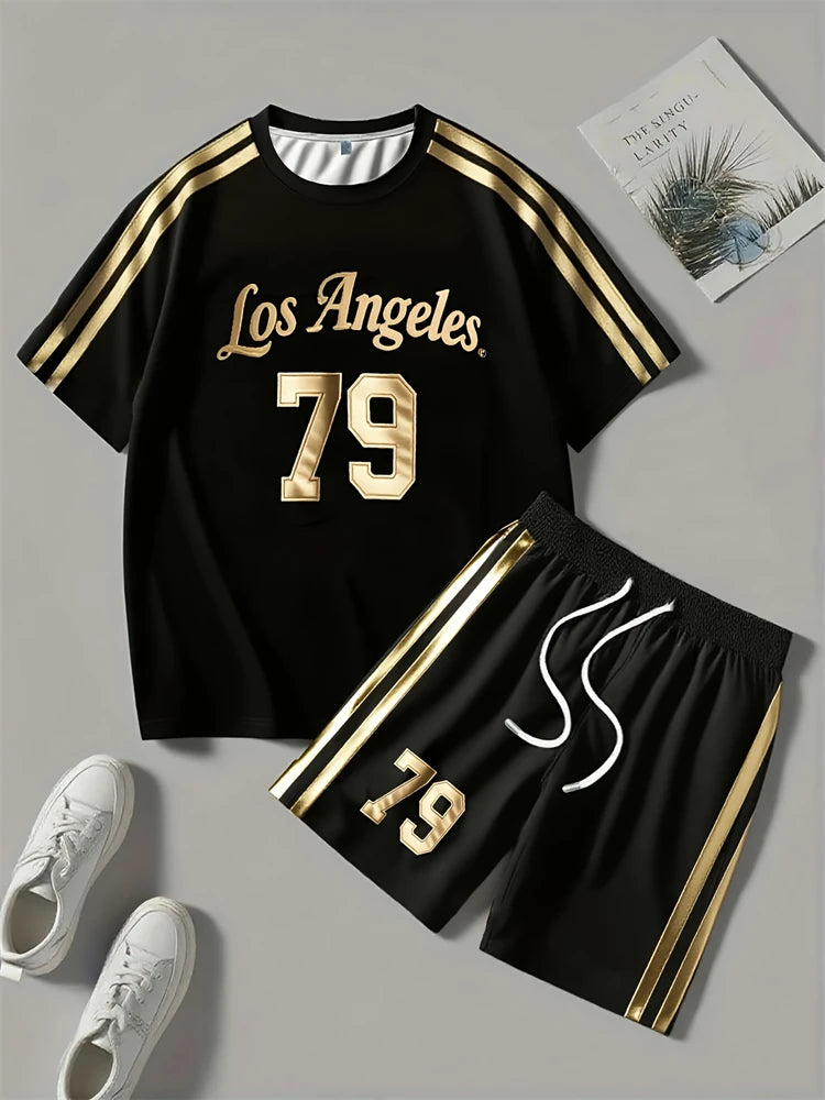 2026 New Spring American Hip-hop Style Men's Round-neck Top And Casual Shorts, Street Fashion Trend Men's Short-sleeved 2pcs Set