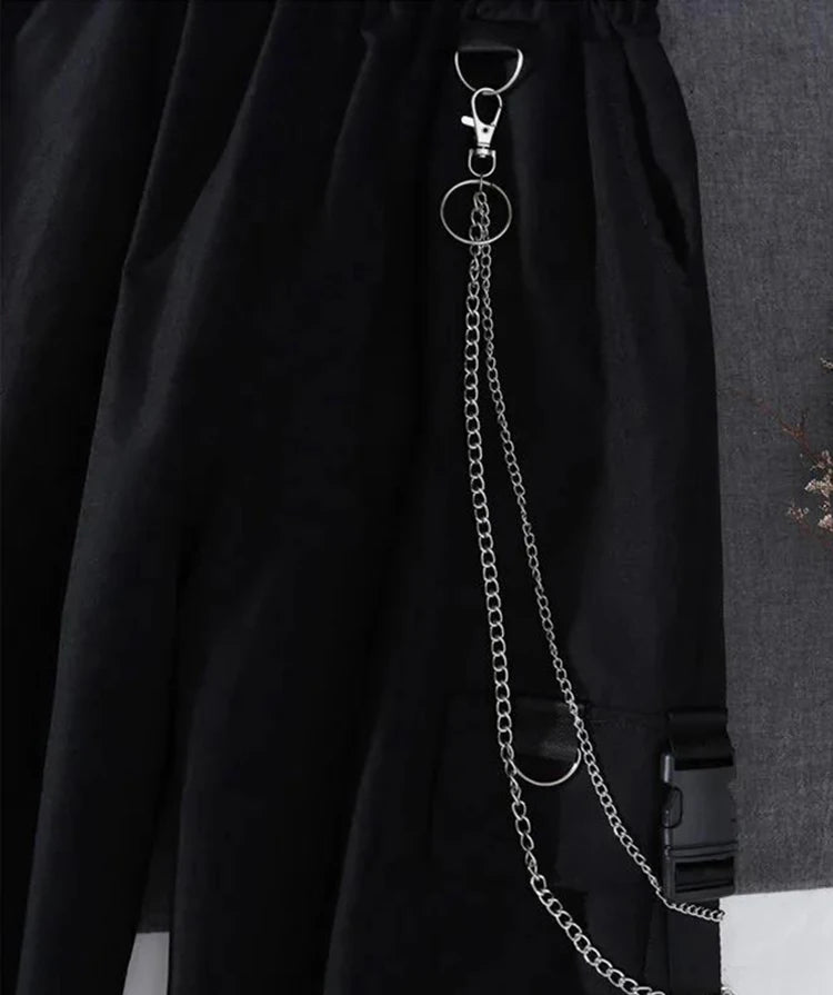 New Men Streetwear Two-piece Suit Splice Chain Long Sleeve+Ribbon Chain Pants Harajuku Cargo Pants 2 Piece Sets Mens Outfits